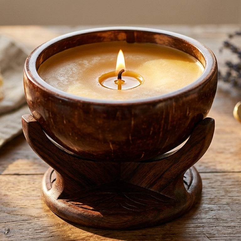 Beeswax candle in a cocount shell