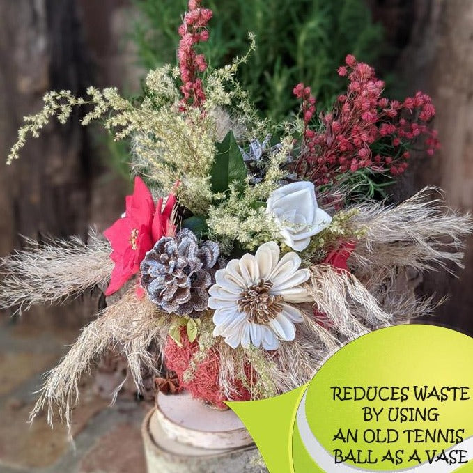 Eco-Friendly Holiday Centerpiece | Repurposed Tennis Ball Vase with Dried Flowers & Fragrance