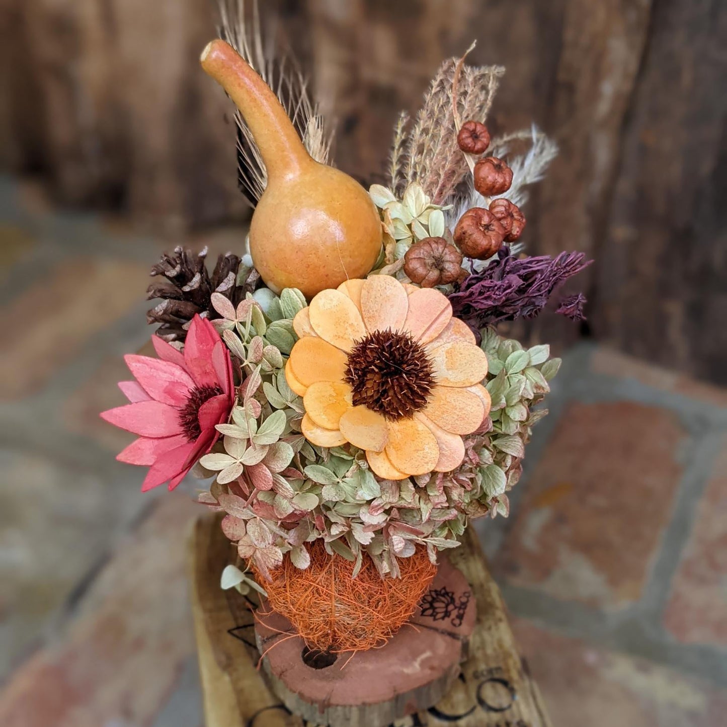 Eco-Friendly Handcrafted Floral Arrangement | Dried Flowers in Repurposed Tennis Ball Vase with Fragrance Oil