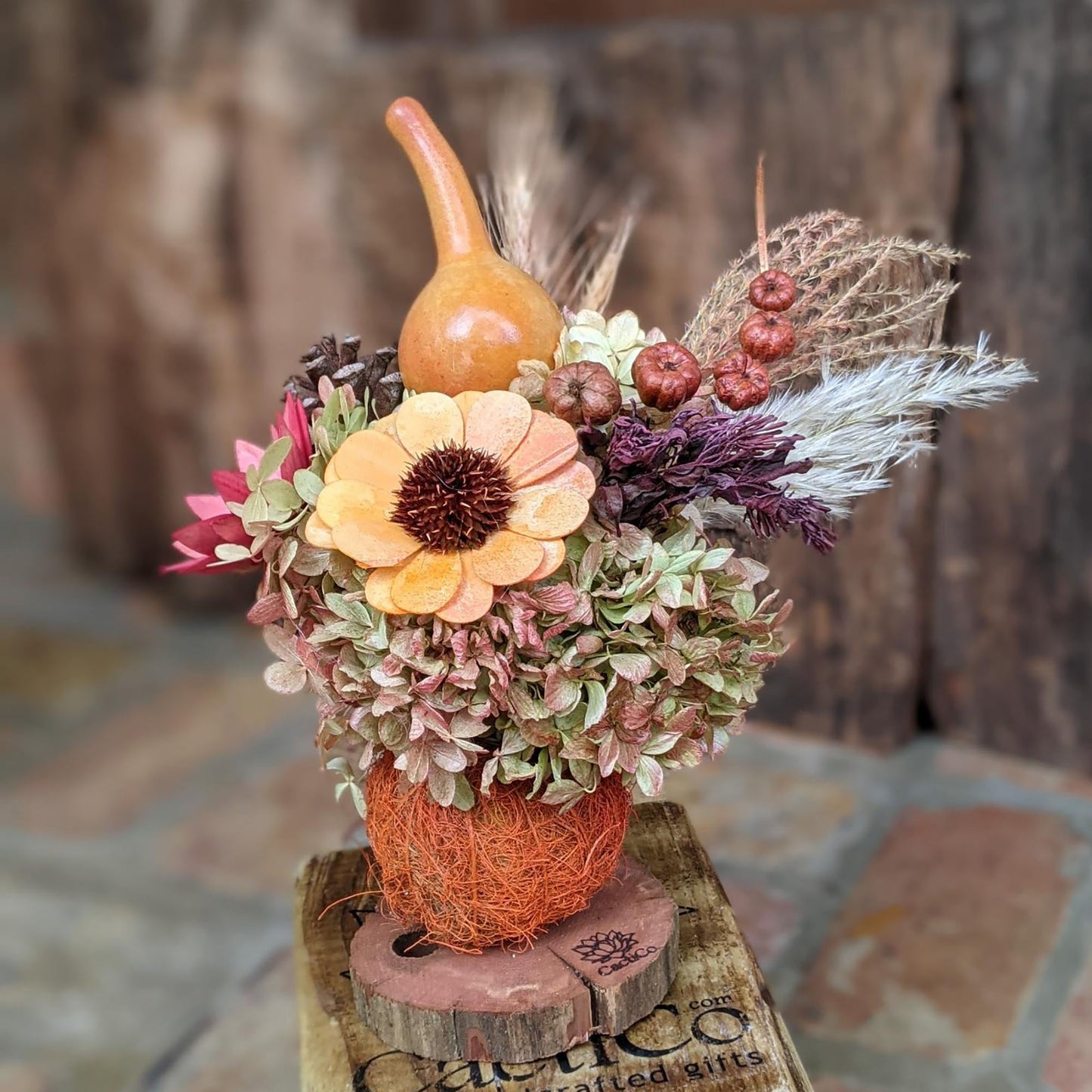 Eco-Friendly Handcrafted Floral Arrangement | Dried Flowers in Repurposed Tennis Ball Vase with Fragrance Oil