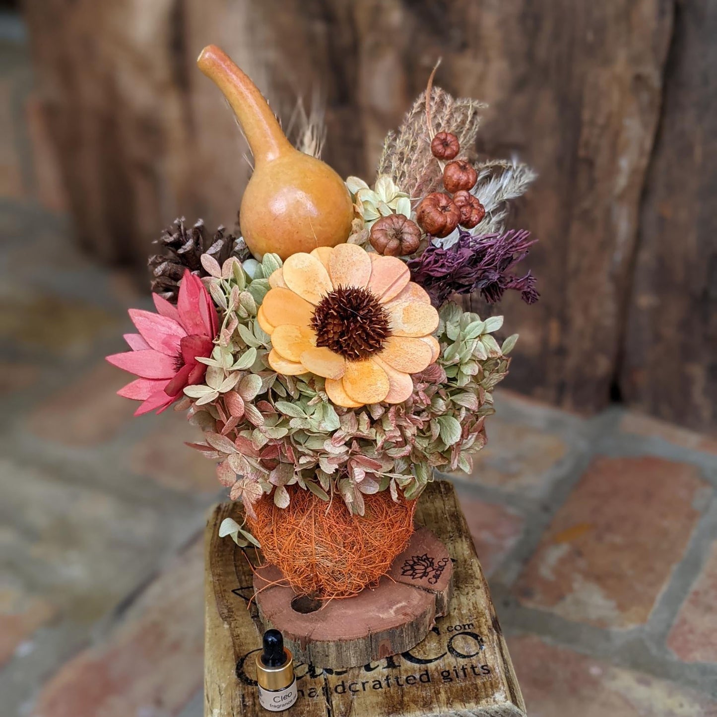 Eco-Friendly Handcrafted Floral Arrangement | Dried Flowers in Repurposed Tennis Ball Vase with Fragrance Oil