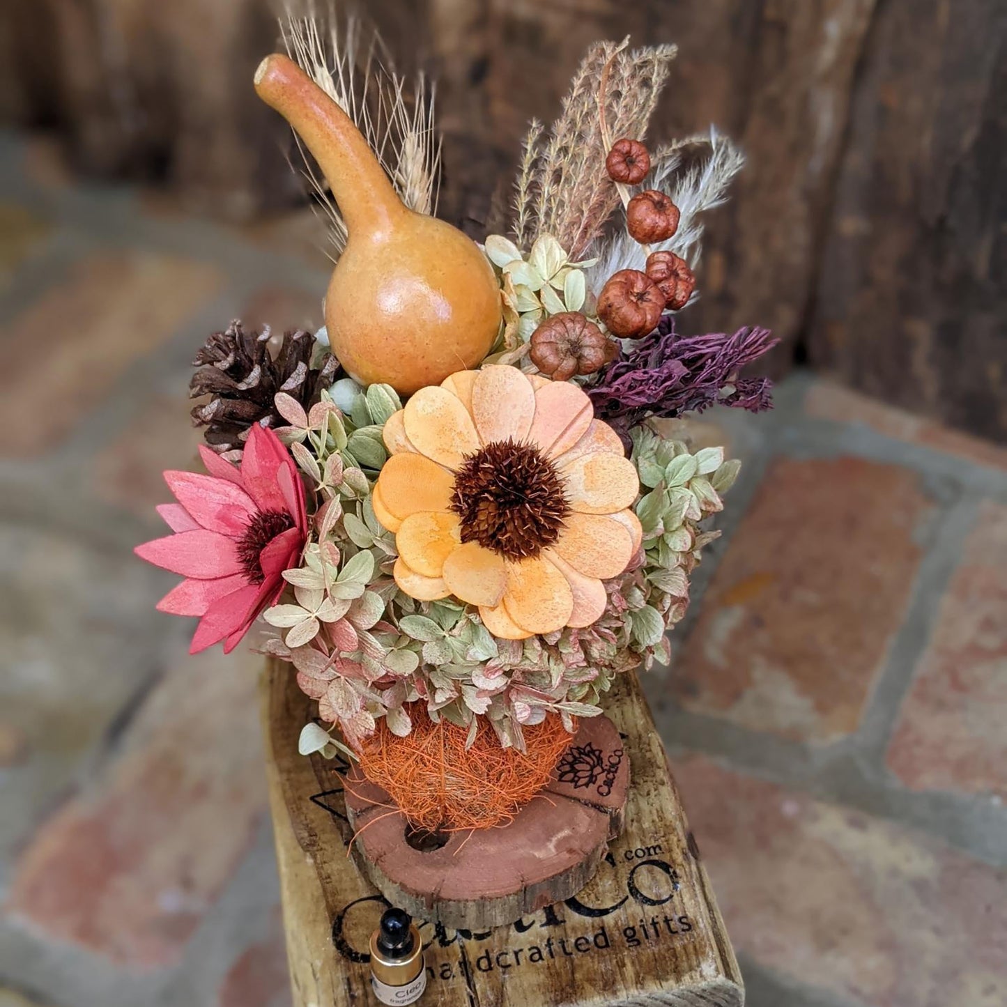 Eco-Friendly Handcrafted Floral Arrangement | Dried Flowers in Repurposed Tennis Ball Vase with Fragrance Oil