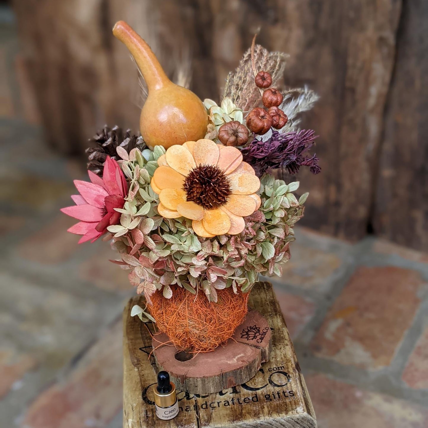 Eco-Friendly Handcrafted Floral Arrangement | Dried Flowers in Repurposed Tennis Ball Vase with Fragrance Oil