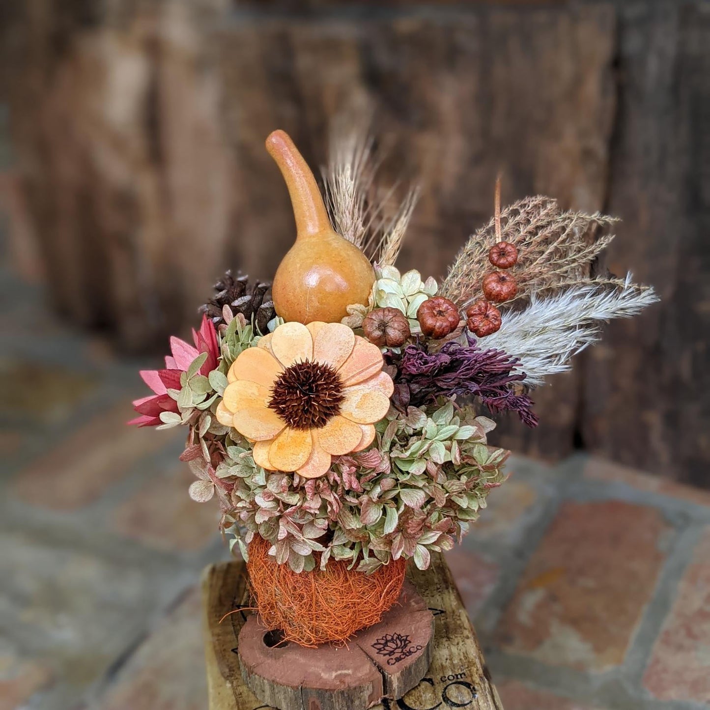 Eco-Friendly Handcrafted Floral Arrangement | Dried Flowers in Repurposed Tennis Ball Vase with Fragrance Oil