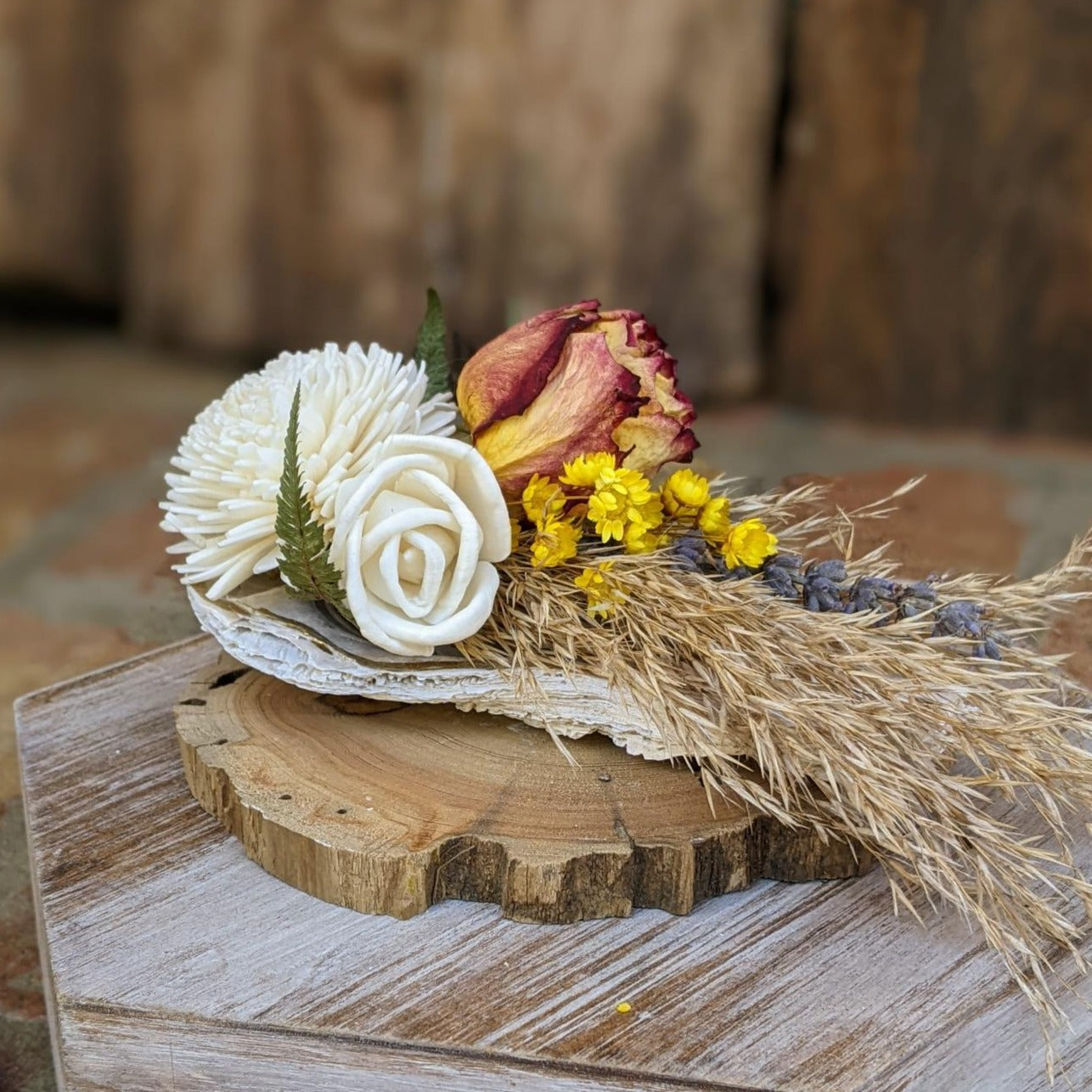 Handcrafted Mini Preserved Flower Arrangement in a Gold-Leaf Oyster Shell with Fragrance