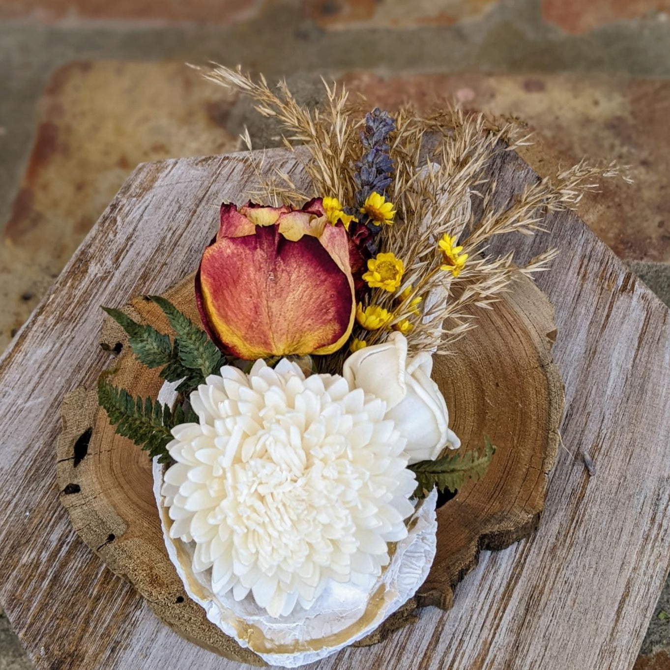 Handcrafted Mini Preserved Flower Arrangement in a Gold-Leaf Oyster Shell with Fragrance