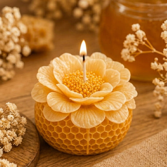 A honey-themed candle shaped like a flower made from a honeycomb bee's nest, lit with a single wick. The candle is styled on a rustic wooden surface with dried flowers, a honey dipper, and a glass jar of honey in the background.