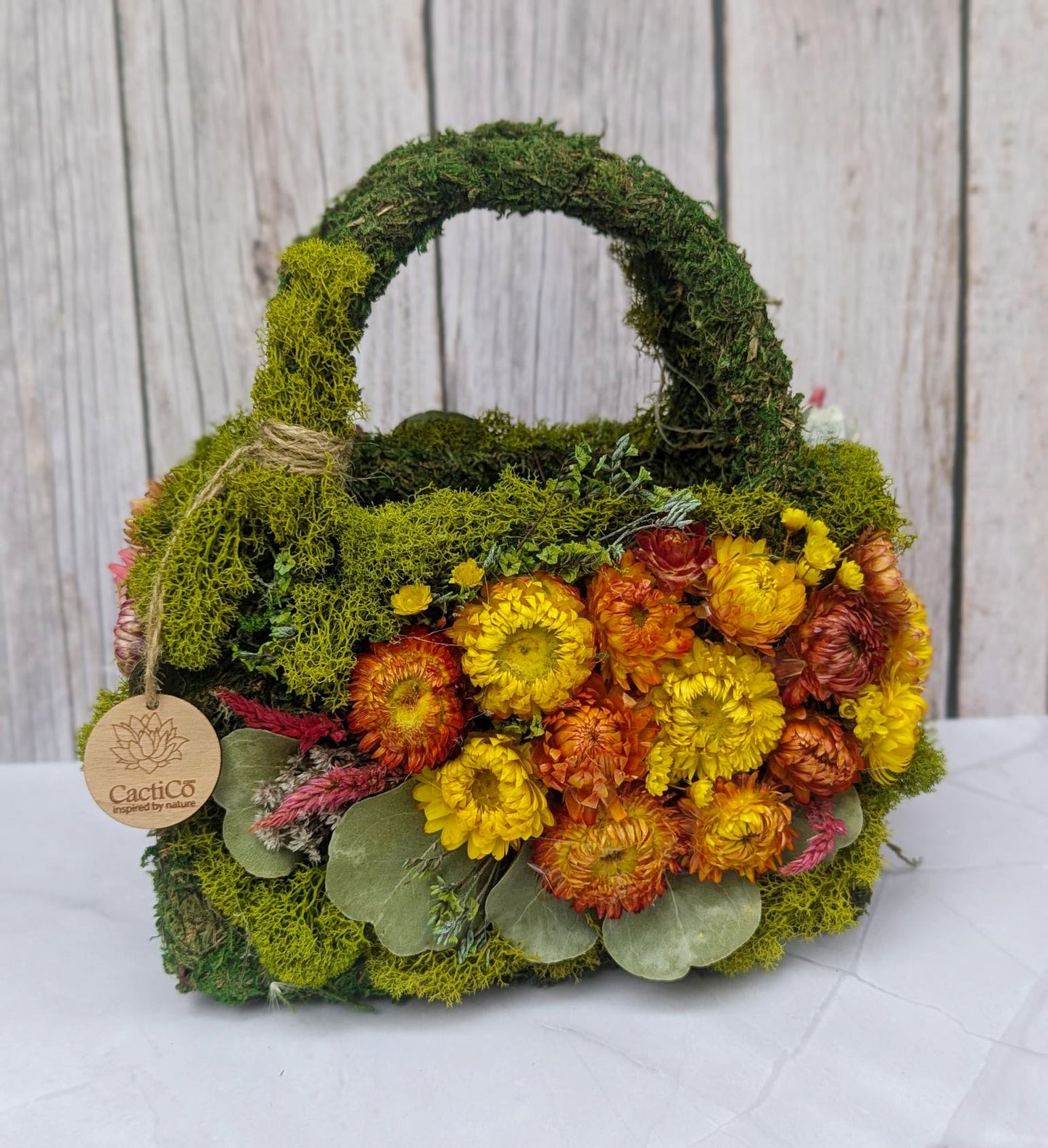 Unique Moss Purse Flower Arrangement - Preserved Flowers in Chic Moss Purse