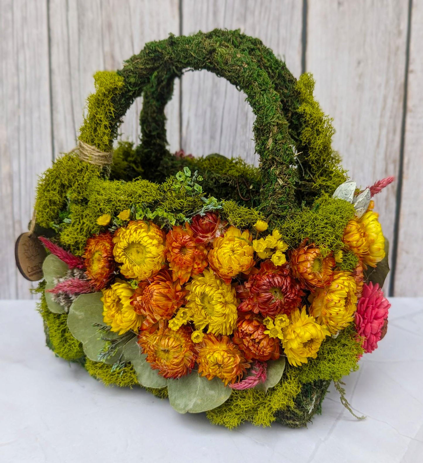 Unique Moss Purse Flower Arrangement - Preserved Flowers in Chic Moss Purse