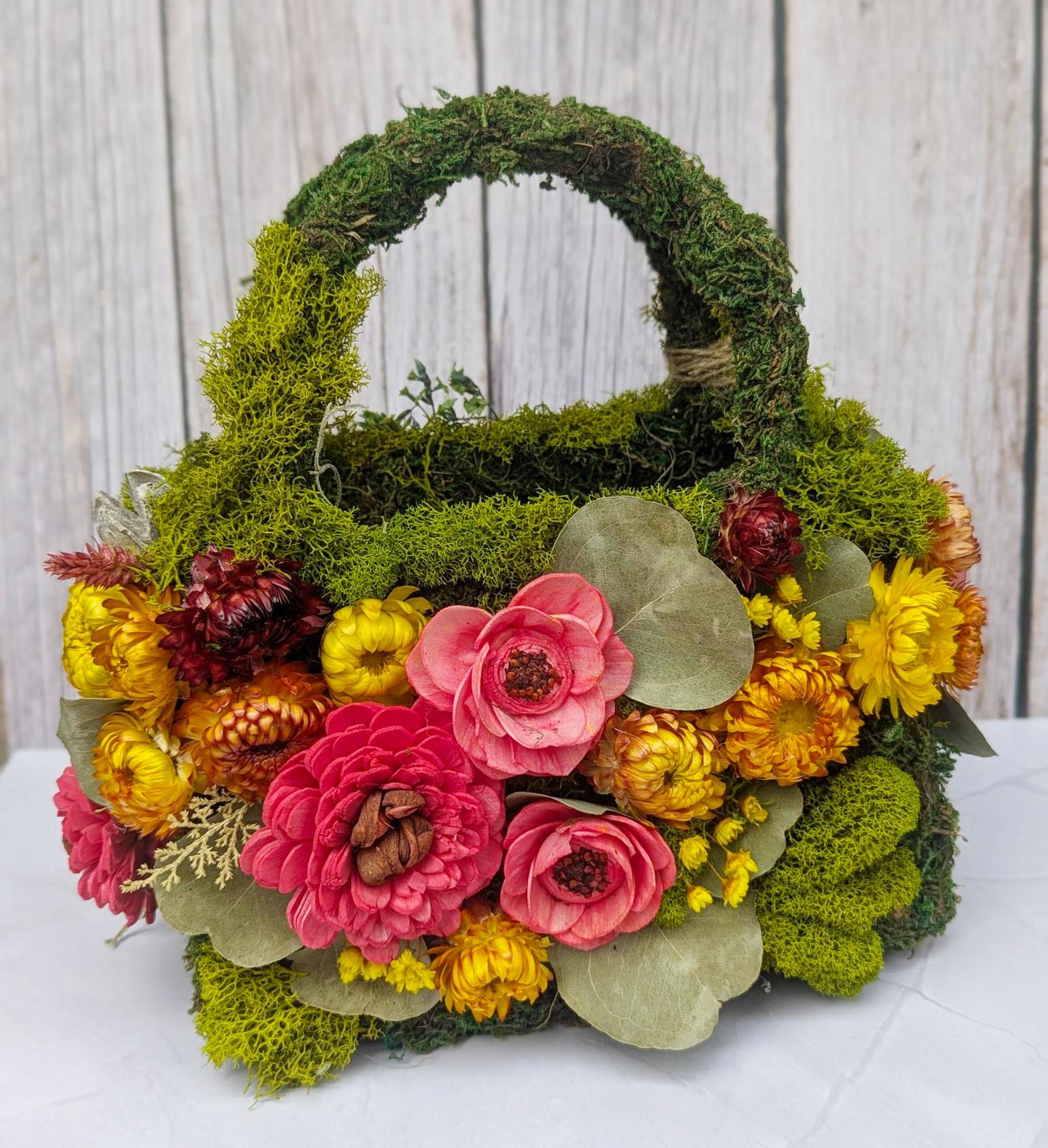 Unique Moss Purse Flower Arrangement - Preserved Flowers in Chic Moss Purse