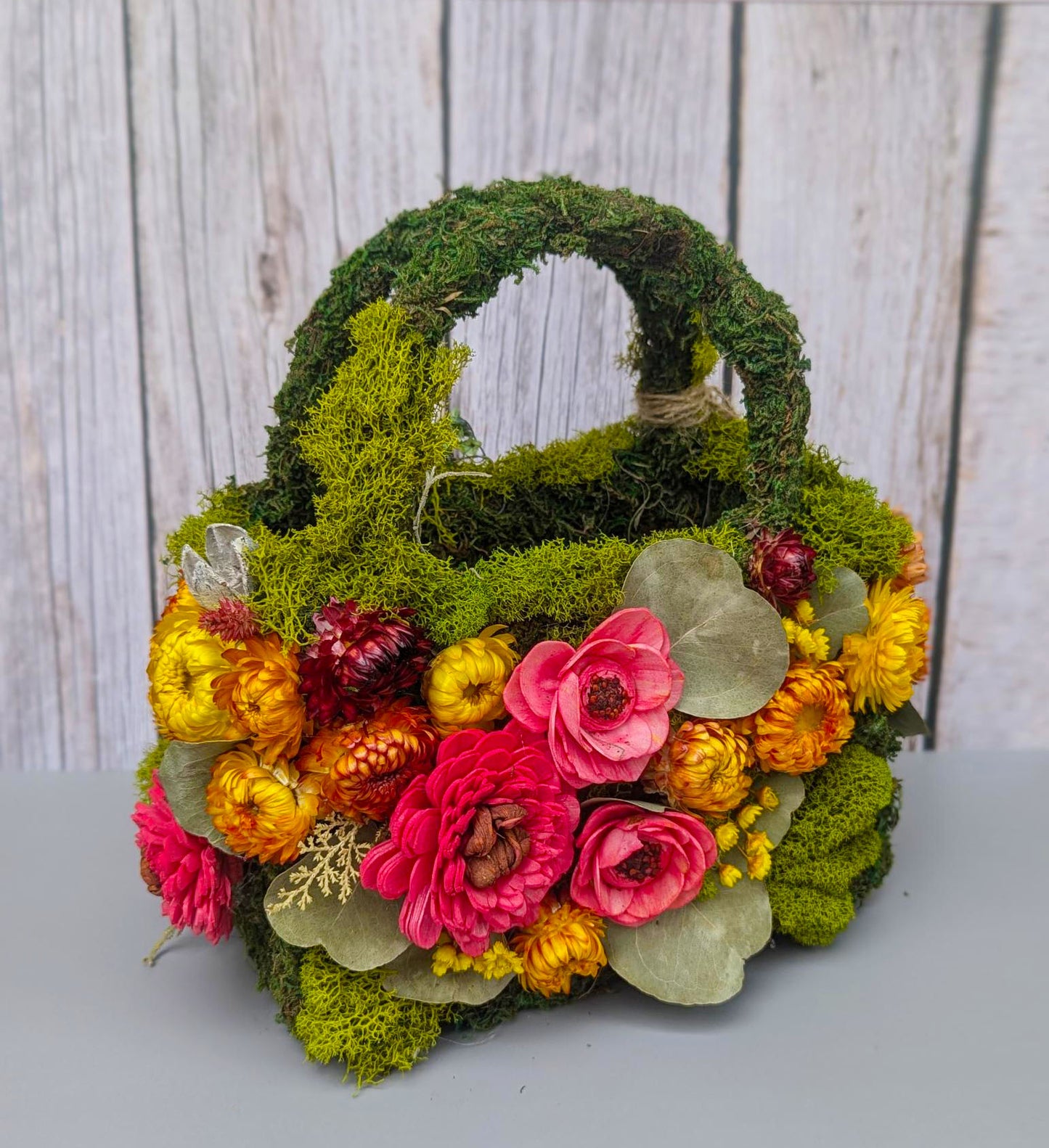 Unique Moss Purse Flower Arrangement - Preserved Flowers in Chic Moss Purse