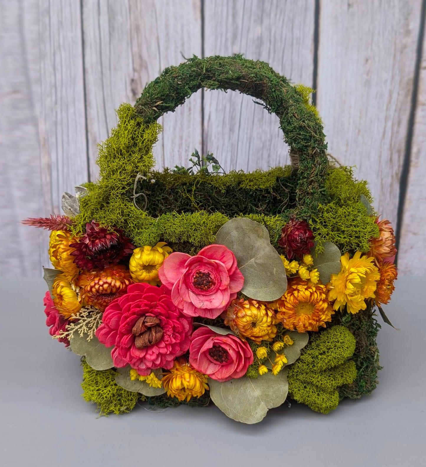 Unique Moss Purse Flower Arrangement - Preserved Flowers in Chic Moss Purse