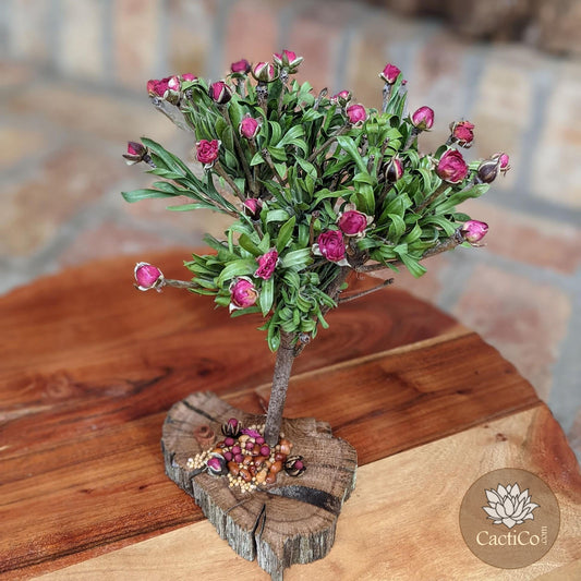 "Rose Tree" - Dried Flower Arrangement with Rose and Seeds on Natural Wood | Floral Centerpiece
