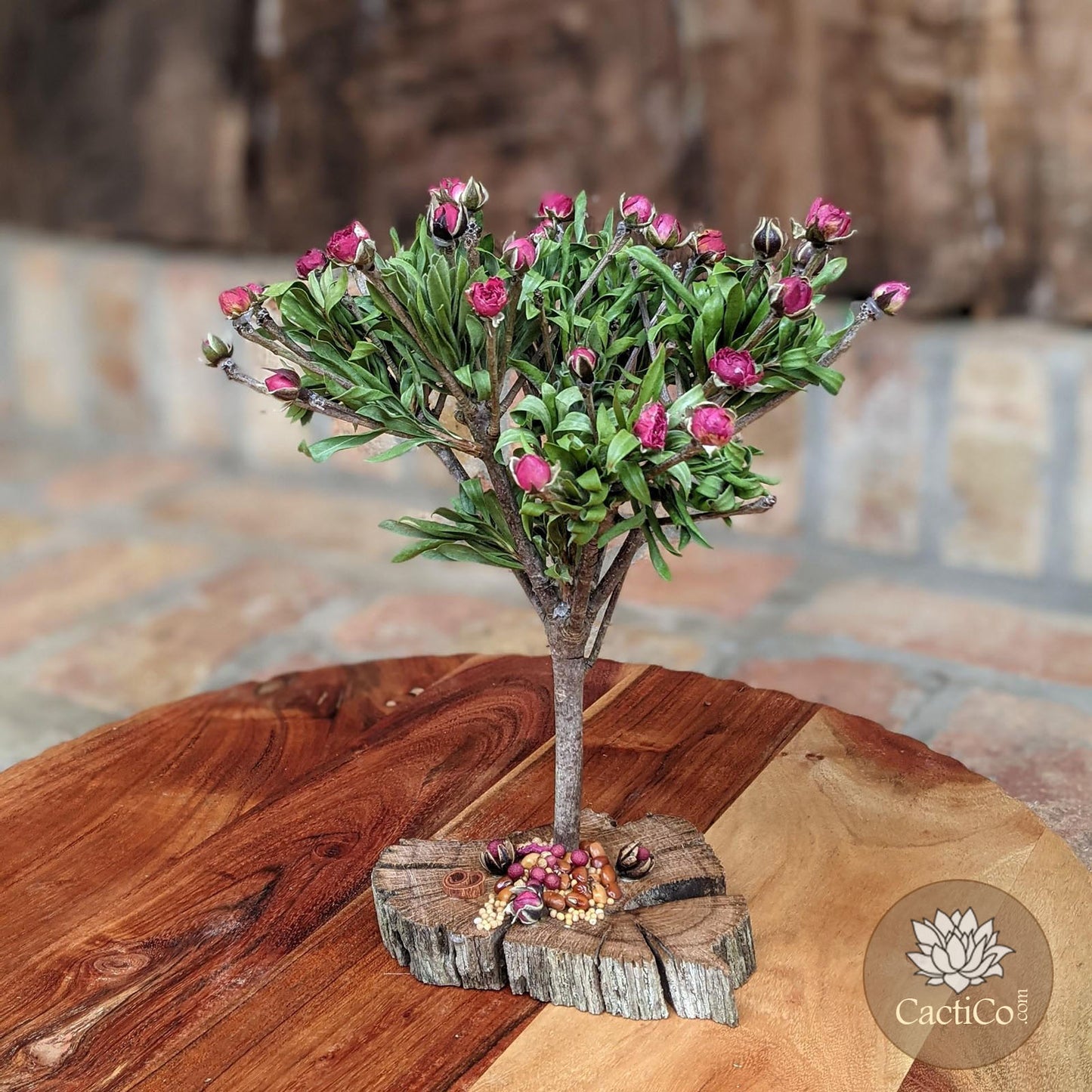 "Rose Tree" - Dried Flower Arrangement with Rose and Seeds on Natural Wood | Floral Centerpiece