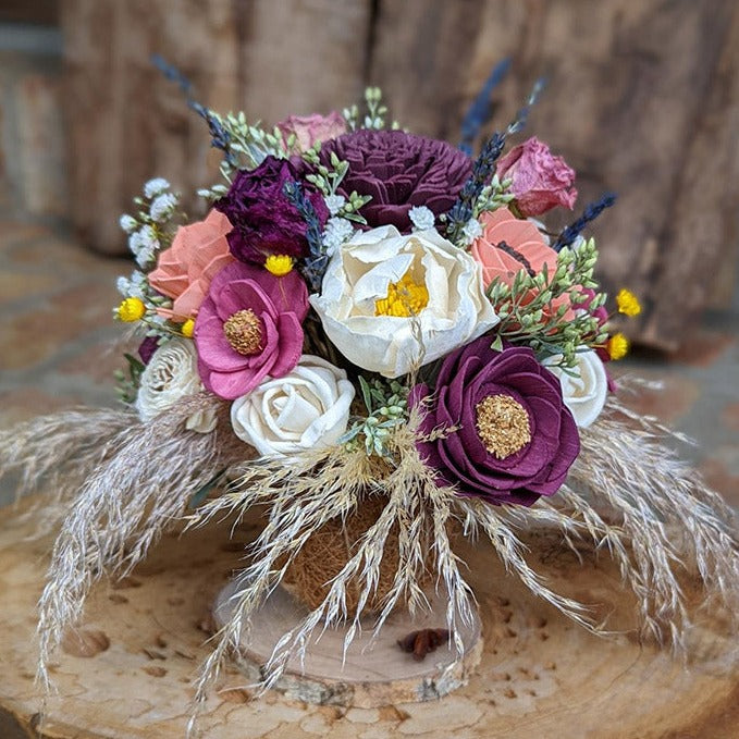 Dried Flower Bouquet Gift With Unique Wood Vase, Tablescape